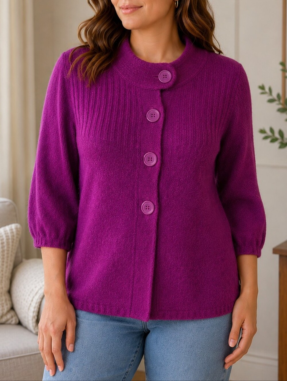 LOVE ROCKS | Women's Plum Purple Fuzzy Knit Button-Front Sweater Size L
